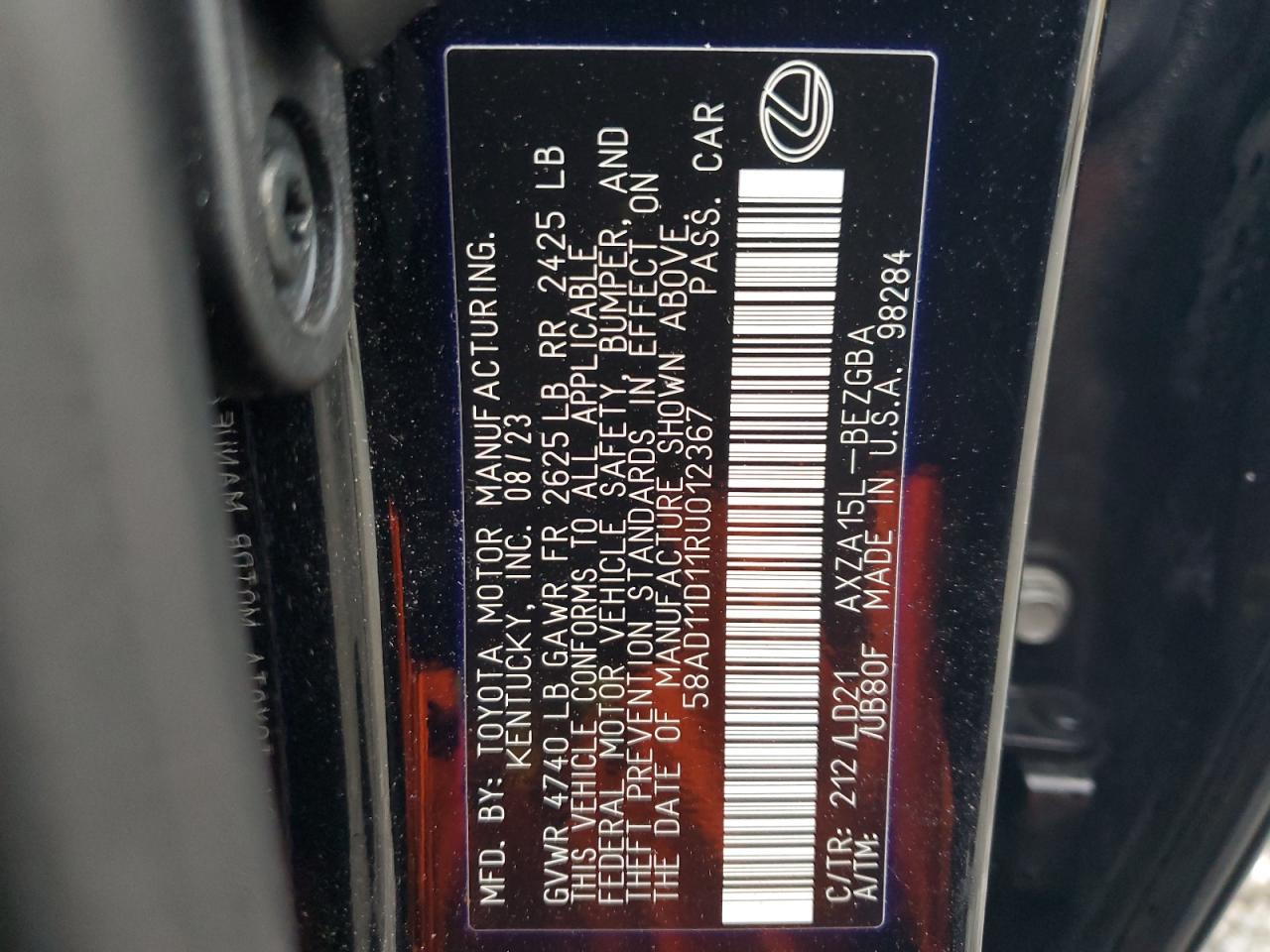 2024 Lexus ES VIN 58AD11D11RU012367 Copart auction photo, front end / side damage thumbnail 13