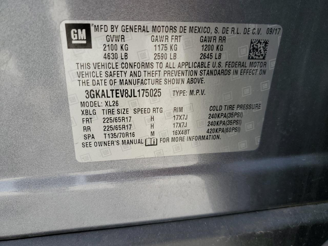 2018 GMC Terrain VIN 3GKALTEV8JL175025 Copart auction photo, rear end / side damage thumbnail 13