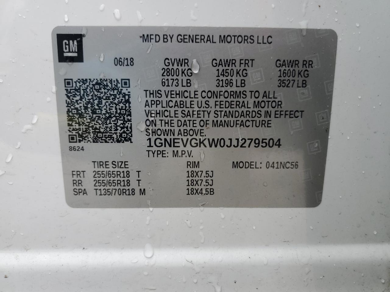 2018 Chevrolet Traverse VIN 1GNEVGKW0JJ279504 Copart auction photo, front end damage thumbnail 14