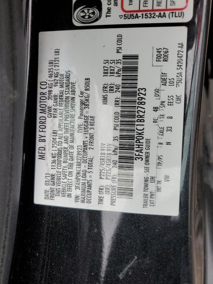 2011 Ford Fusion VIN 3FAHP0KC1BR278923 Copart auction photo, front end damage thumbnail 13