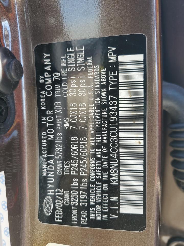 2012 Hyundai Veracruz VIN KM8NU4CC3CU193437 Copart auction photo, front end damage thumbnail 13