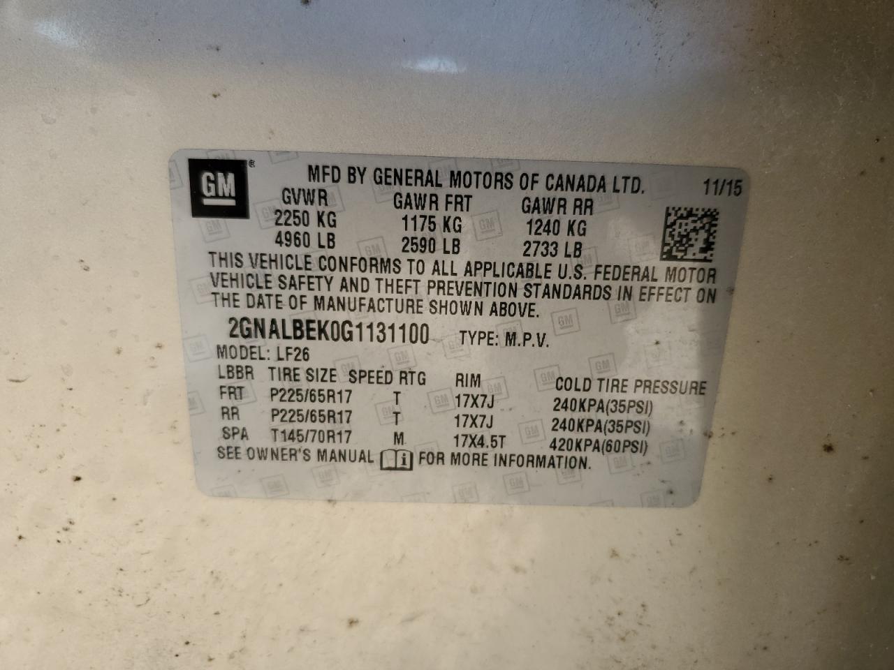2016 Chevrolet Equinox VIN 2GNALBEK0G1131100 Copart auction photo, mechanical / minor dent/scratches damage thumbnail 13