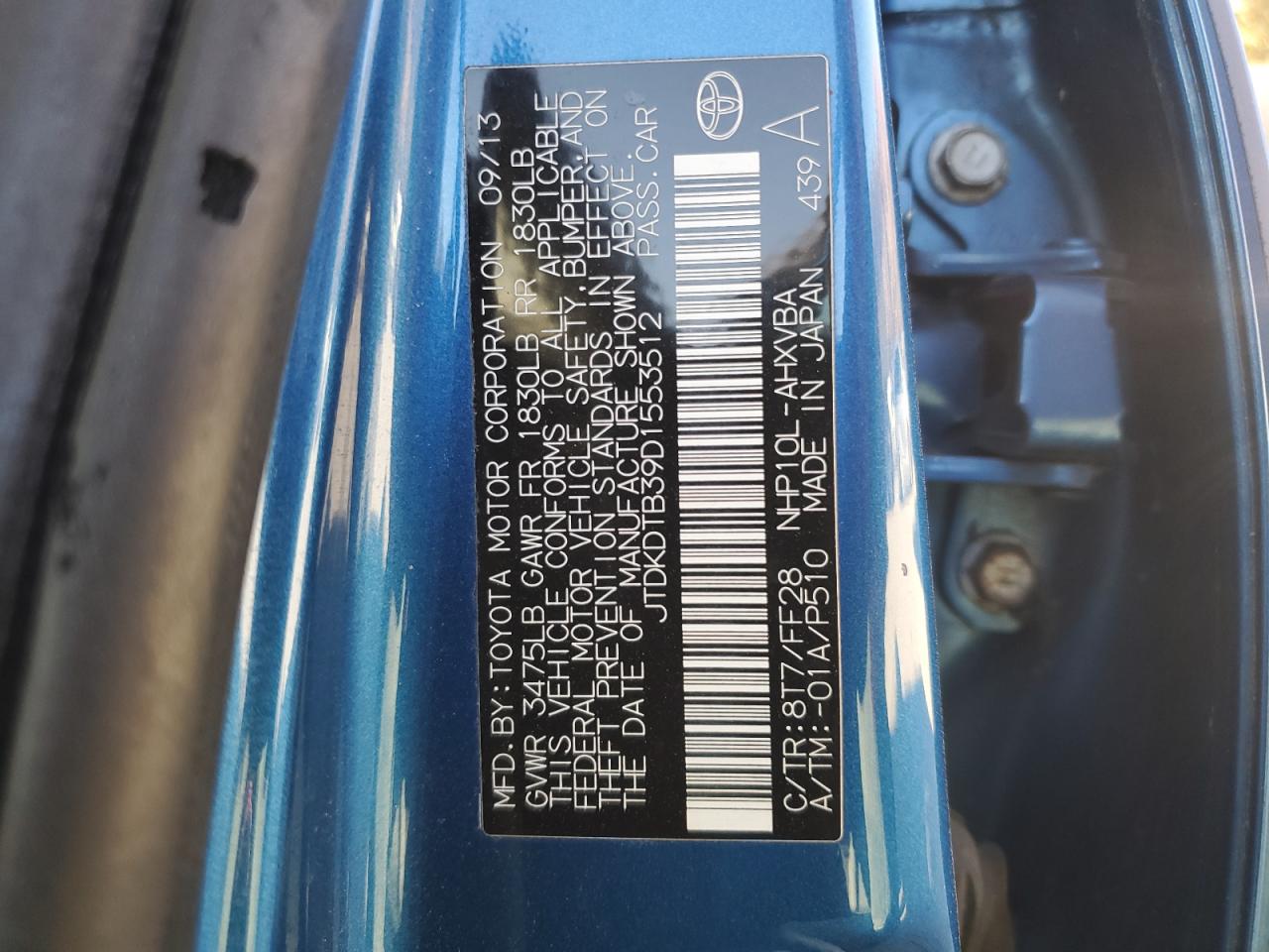 2013 Toyota Prius VIN JTDKDTB39D1553512 Copart auction photo, side damage thumbnail 12