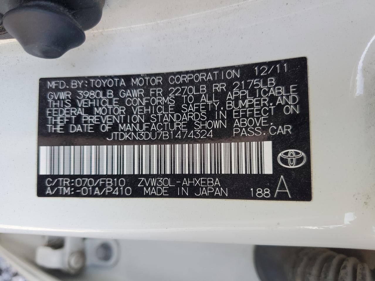 2011 Toyota Prius VIN JTDKN3DU7B1474324 Copart auction photo, side / rear end damage thumbnail 14