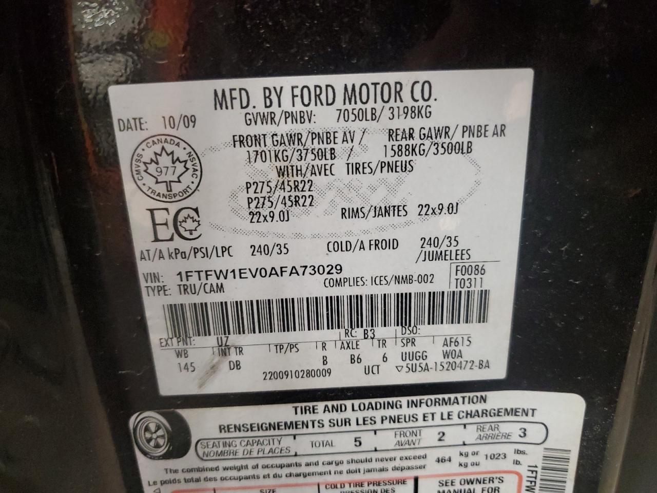2010 Ford F-150 VIN 1FTFW1EV0AFA73029 Copart auction photo, front end damage thumbnail 12