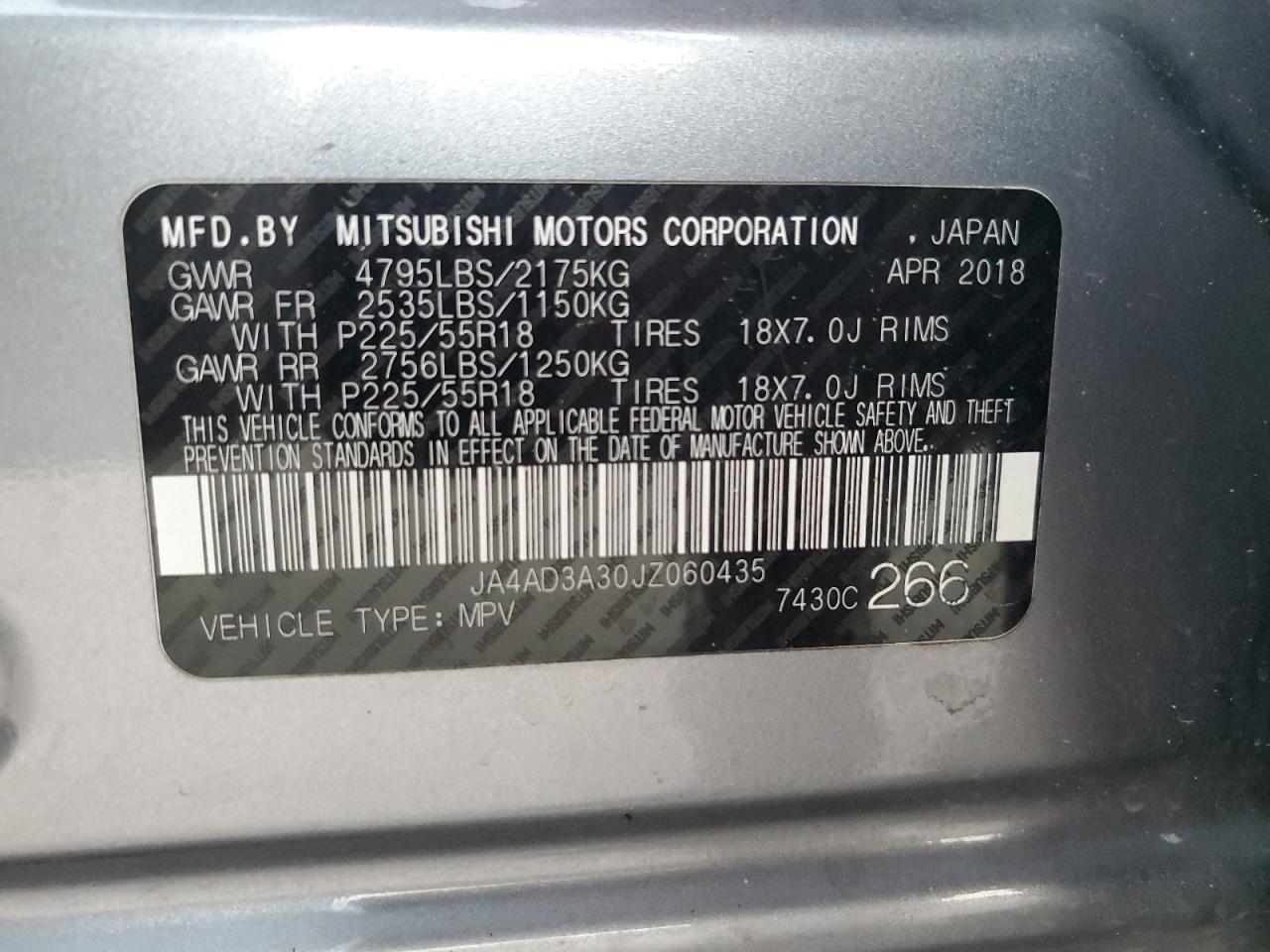 2018 Mitsubishi Outlander VIN JA4AD3A30JZ060435 Copart auction photo, front end damage thumbnail 13