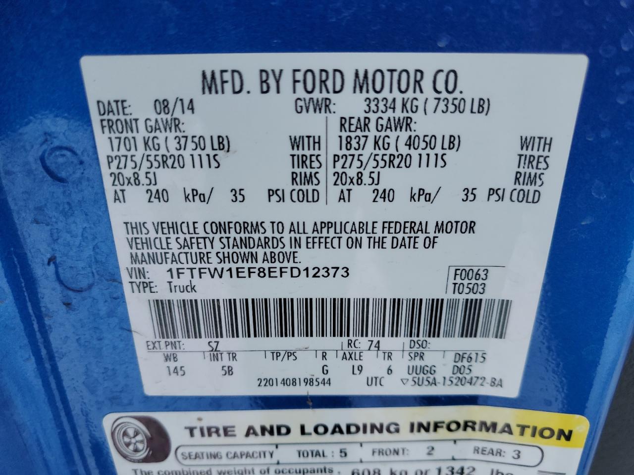 2014 Ford F-150 VIN 1FTFW1EF8EFD12373 Copart auction photo, front end / side damage thumbnail 12