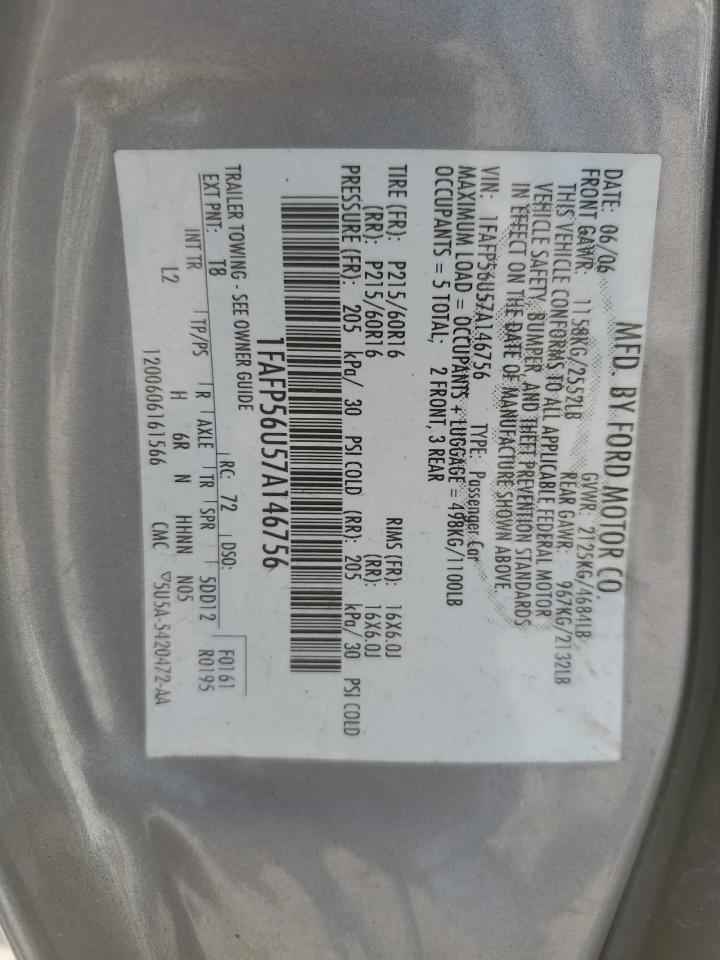 2007 Ford Taurus VIN 1FAFP56U57A146756 Copart auction photo, front end damage thumbnail 14