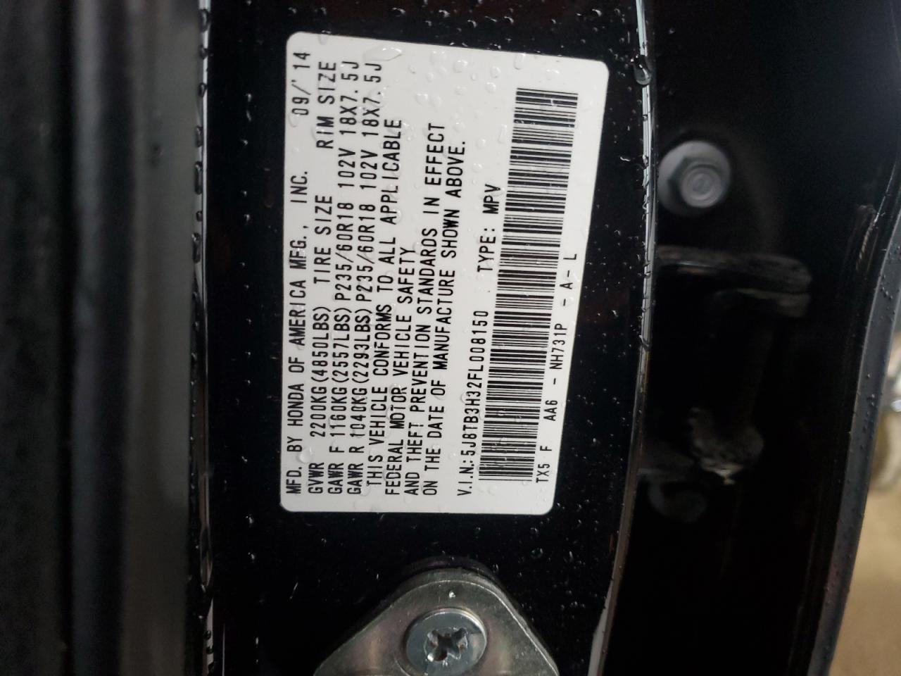 2015 Acura RDX VIN 5J8TB3H32FL008150 Copart auction photo, rollover damage thumbnail 15