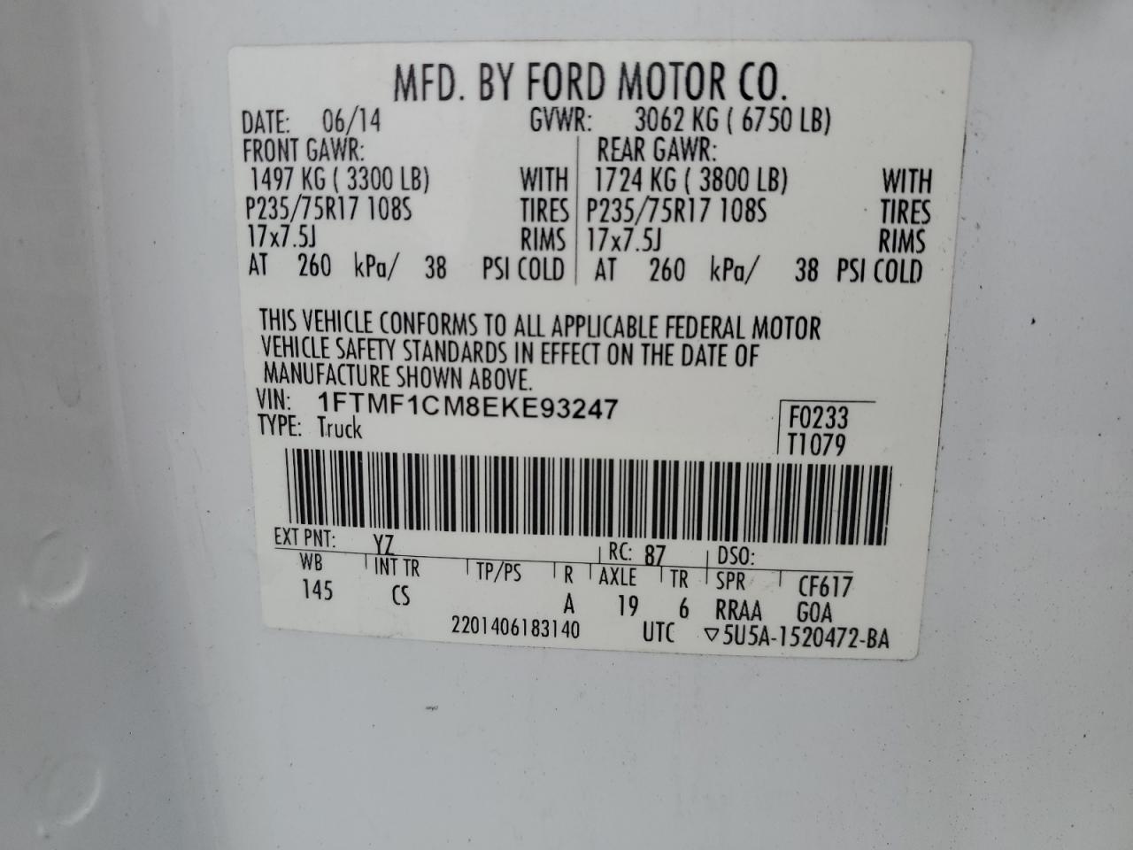2014 Ford F-150 VIN 1FTMF1CM8EKE93247 Copart auction photo, front end / side damage thumbnail 12