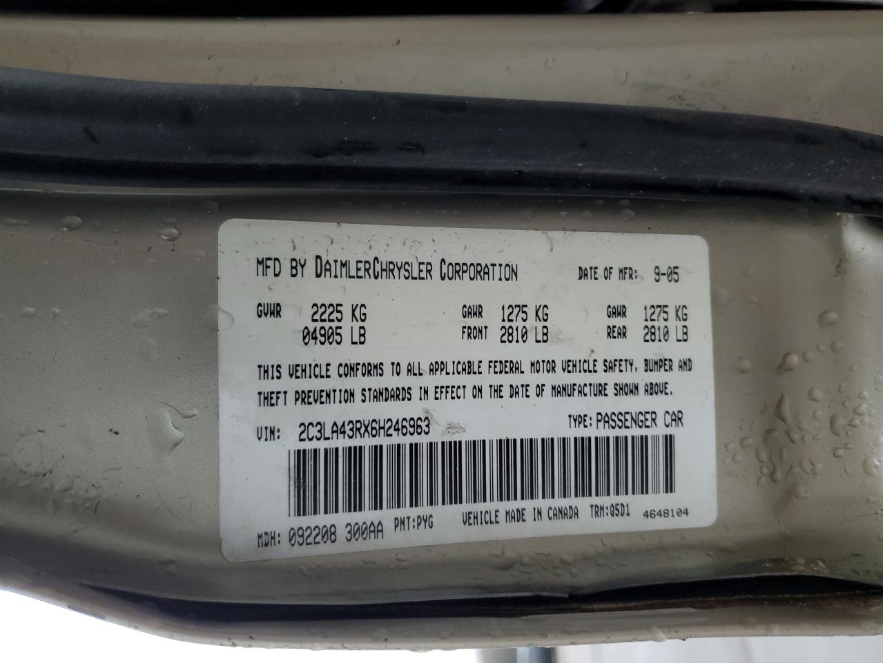 2006 Chrysler 300 VIN 2C3LA43RX6H246963 Copart auction photo, front end / side damage thumbnail 14