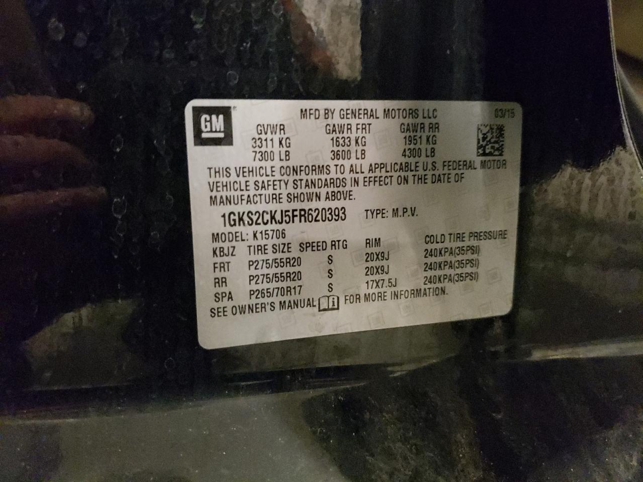 2015 GMC Yukon VIN 1GKS2CKJ5FR620393 Copart auction photo, rollover damage thumbnail 15
