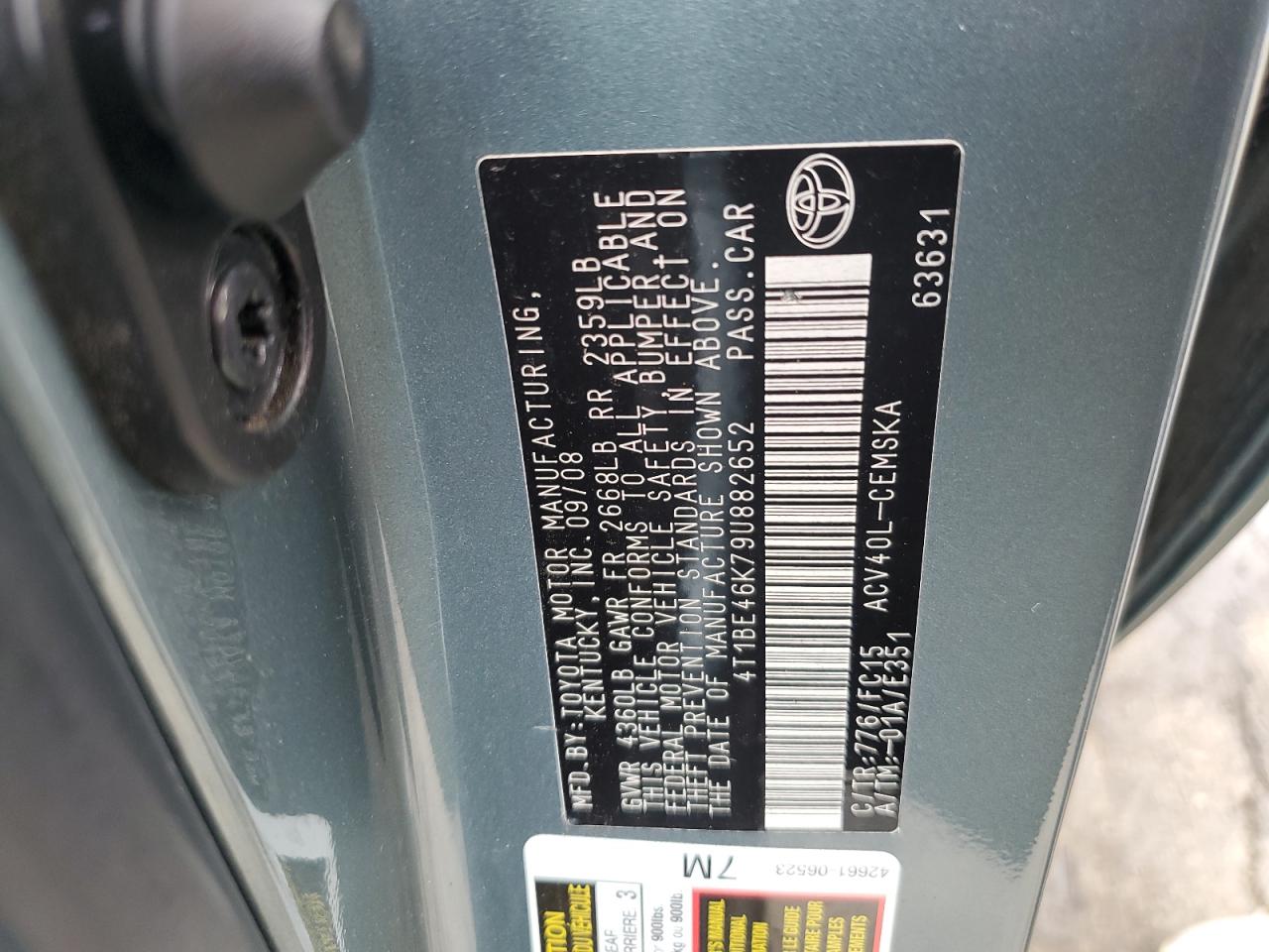 2009 Toyota Camry VIN 4T1BE46K79U882652 Copart auction photo, front end / side damage thumbnail 12