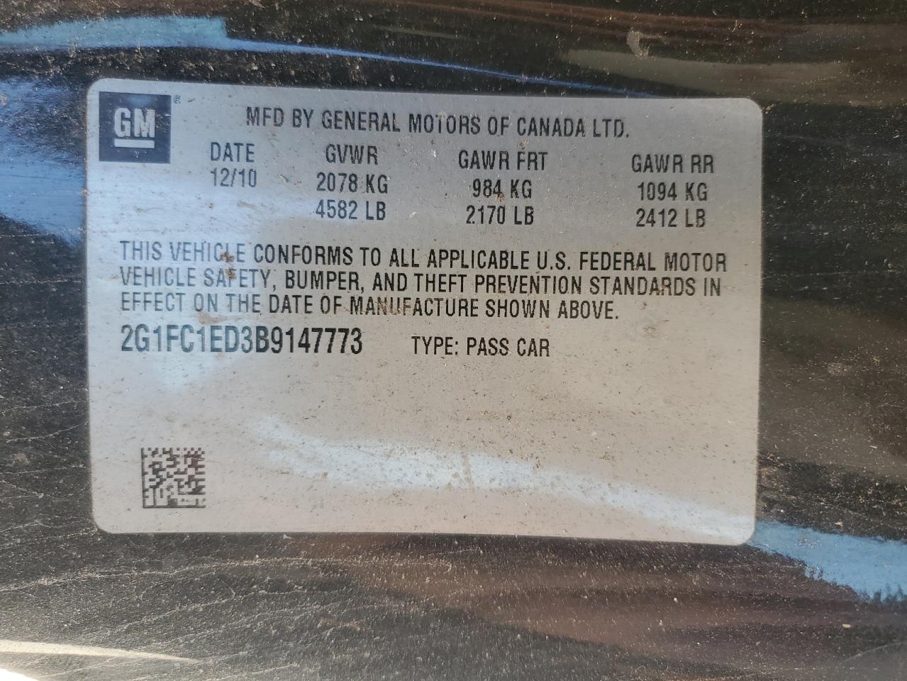 2011 Chevrolet Camaro VIN 2G1FC1ED3B9147773 Copart auction photo, minor dent/scratches damage thumbnail 12