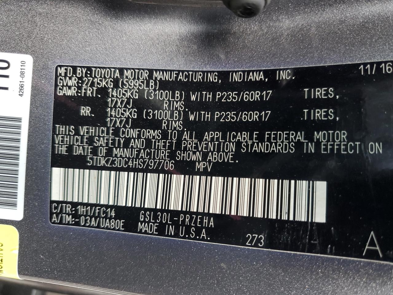 2017 Toyota Sienna VIN 5TDKZ3DC4HS797706 Copart auction photo, side / front end damage thumbnail 15