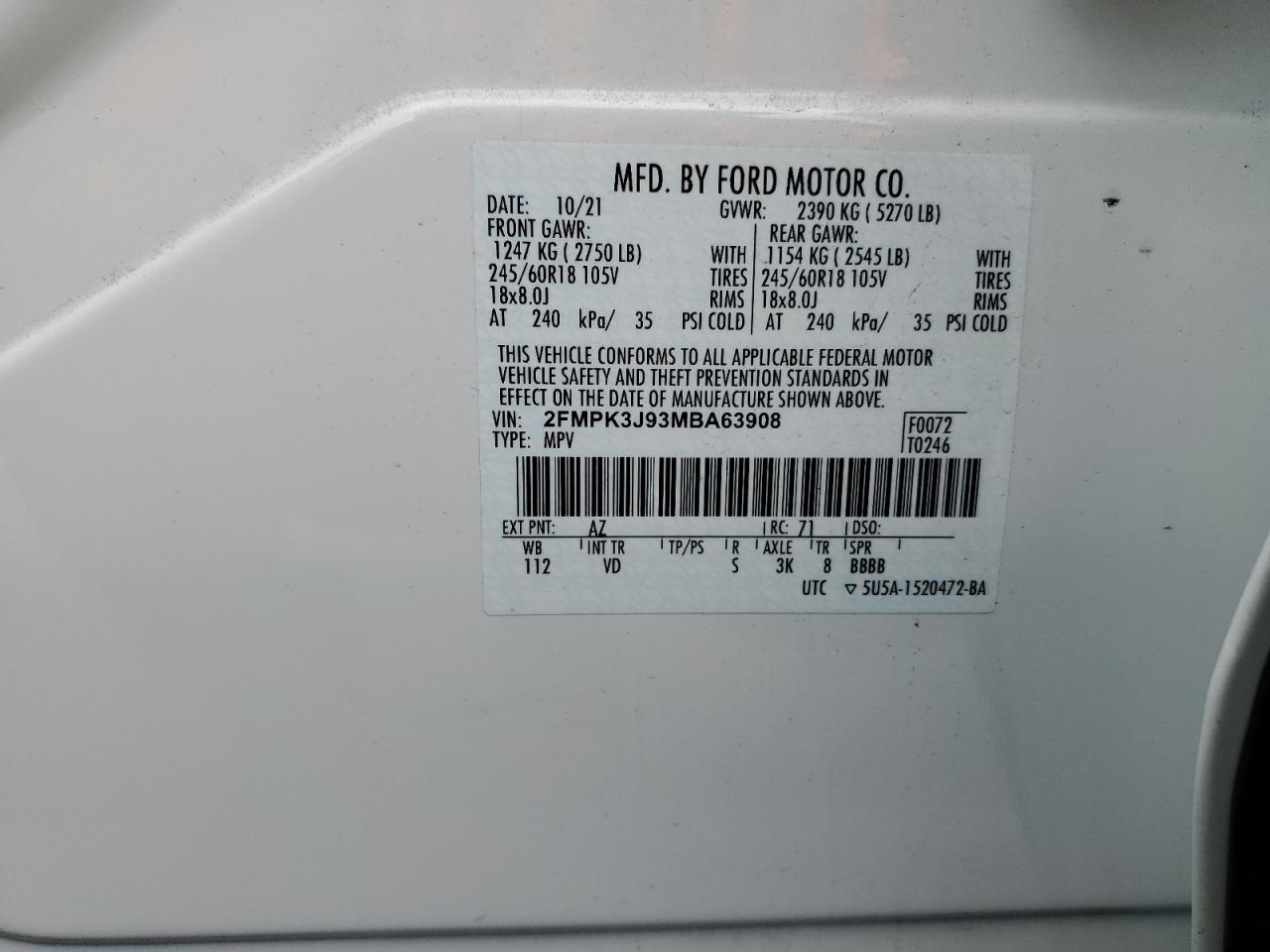 2021 Ford Edge VIN 2FMPK3J93MBA63908 Copart auction photo, rear end damage thumbnail 13