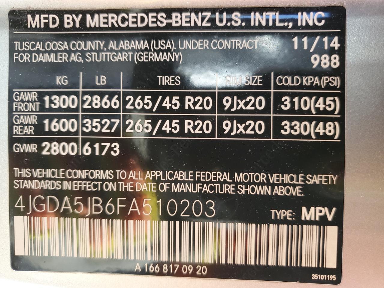 2015 Mercedes-Benz M-klasse VIN 4JGDA5JB6FA510203 Copart auction photo, front end / rear end damage thumbnail 13