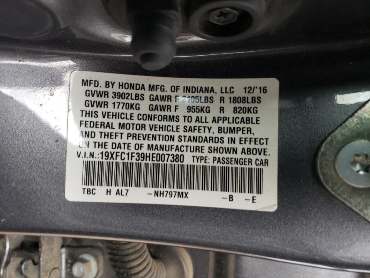 2017 Honda Civic VIN 19XFC1F39HE007380 Copart auction photo, front end / side damage thumbnail 14