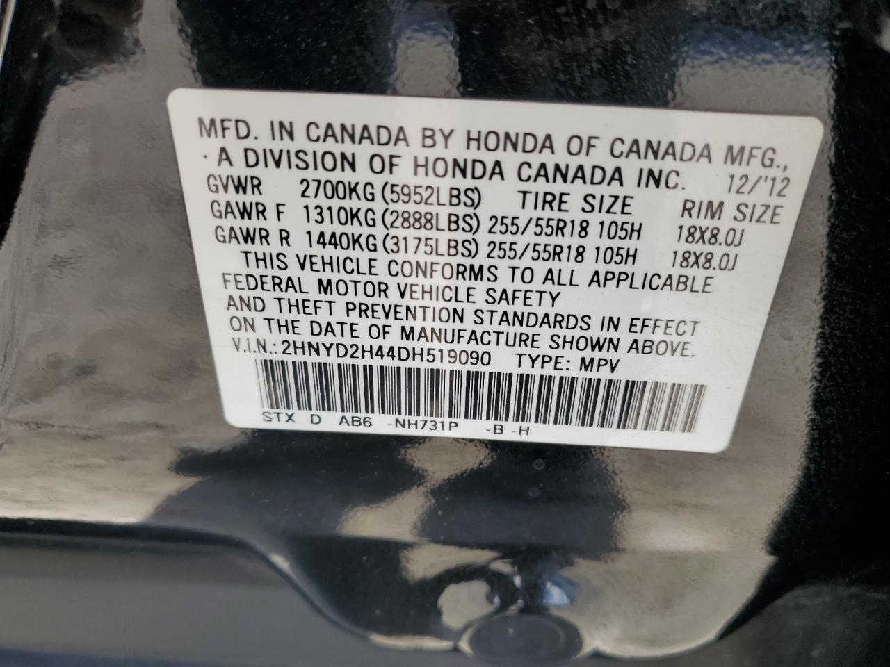 2013 Acura MDX VIN 2HNYD2H44DH519090 Copart auction photo, front end damage thumbnail 15