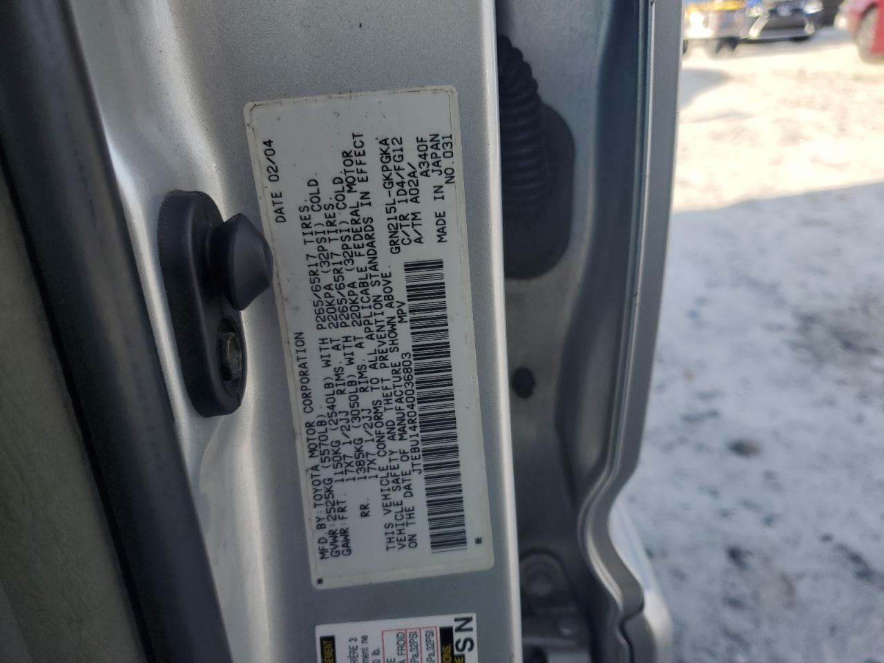 2004 Toyota 4Runner VIN JTEBU14R040036803 Copart auction photo, all over damage thumbnail 13