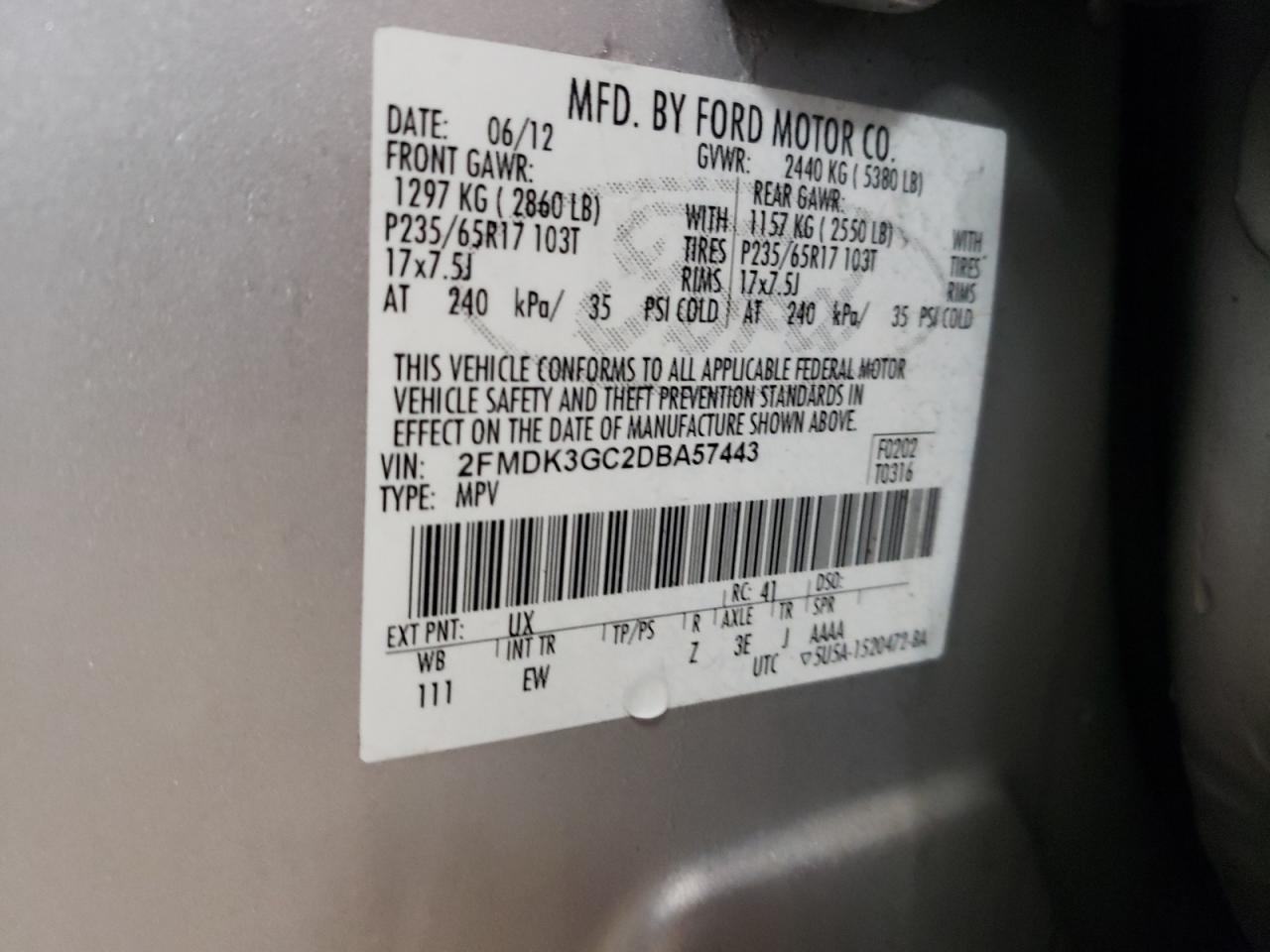 2013 Ford Edge VIN 2FMDK3GC2DBA57443 Copart auction photo, front end damage thumbnail 12