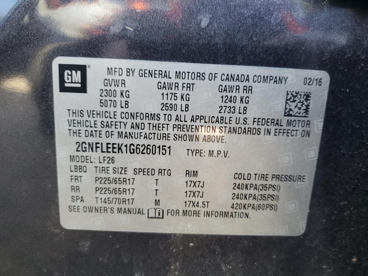 2016 Chevrolet Equinox VIN 2GNFLEEK1G6260151 Copart auction photo, front end / side damage thumbnail 15