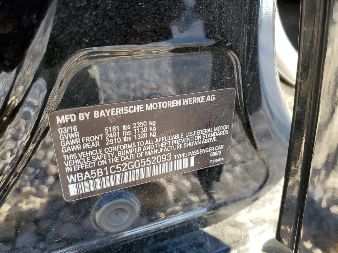 2016 BMW 5er VIN WBA5B1C52GG552093 Copart auction photo, front end damage thumbnail 15