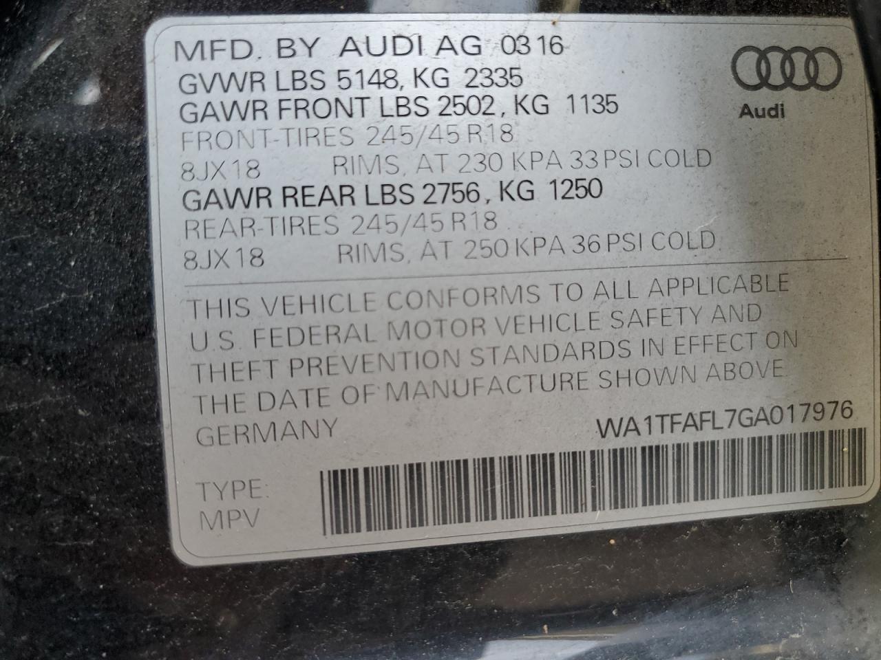 2016 Audi A4 VIN WA1TFAFL7GA017976 Copart auction photo, all over / minor dent/scratches damage thumbnail 12