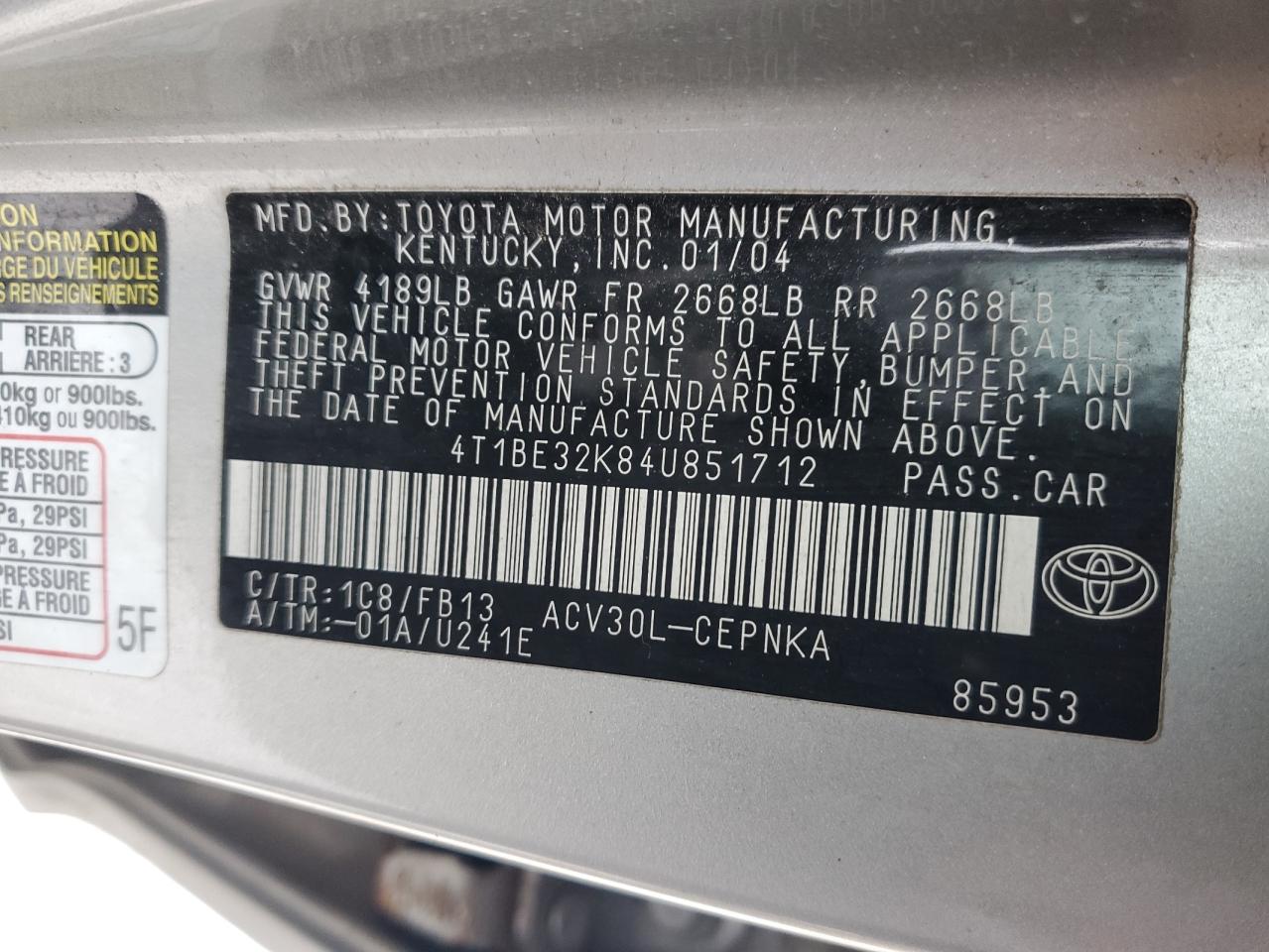 2004 Toyota Camry VIN 4T1BE32K84U851712 Copart auction photo, side / front end damage thumbnail 12
