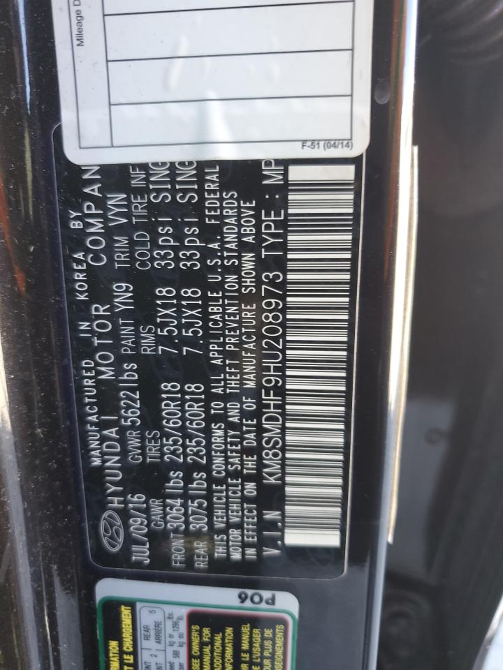 2017 Hyundai Santa Fe VIN KM8SMDHF9HU208973 Copart auction photo, minor dent/scratches damage thumbnail 13