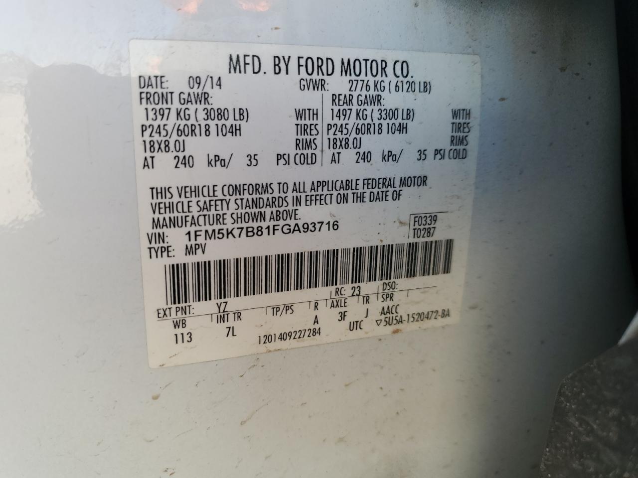 2015 Ford Explorer VIN 1FM5K7B81FGA93716 Copart auction photo, hail / minor dent/scratches damage thumbnail 13
