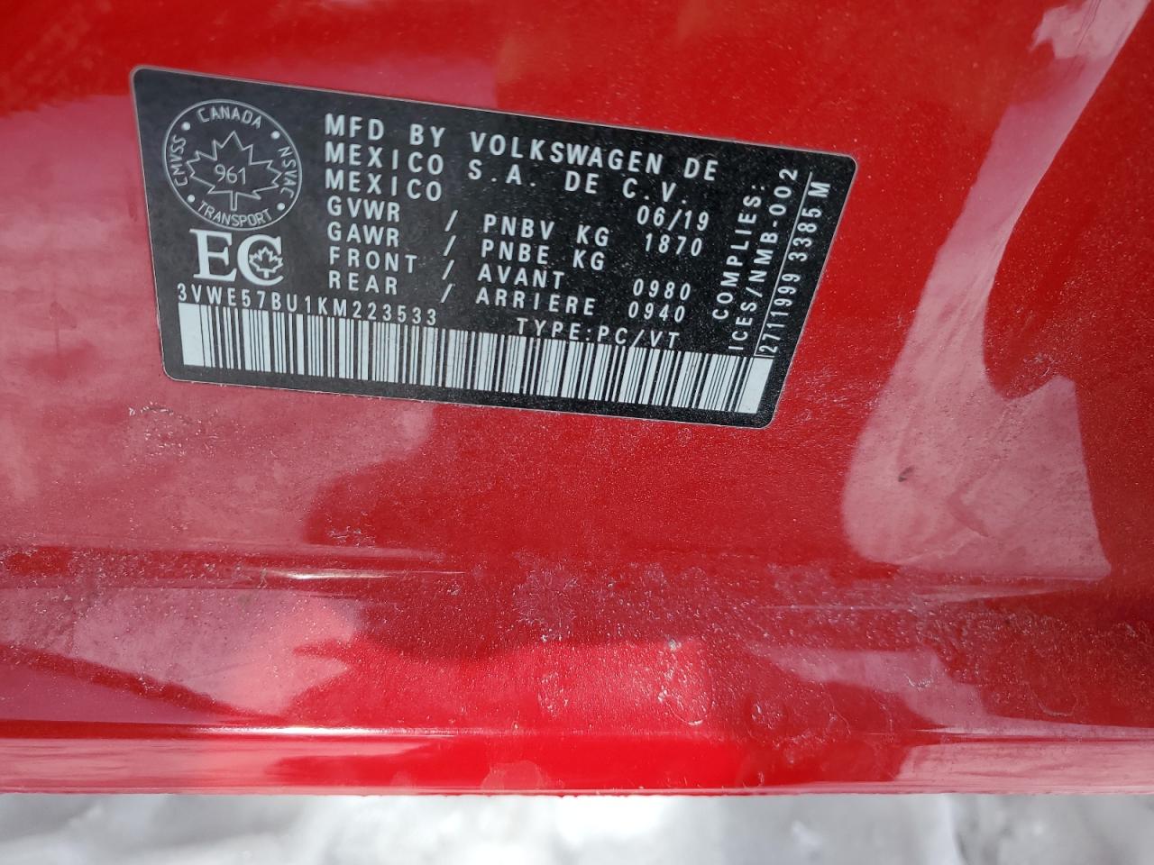 2019 Volkswagen Jetta VIN 3VWE57BU1KM223533 Copart auction photo, front end damage thumbnail 12
