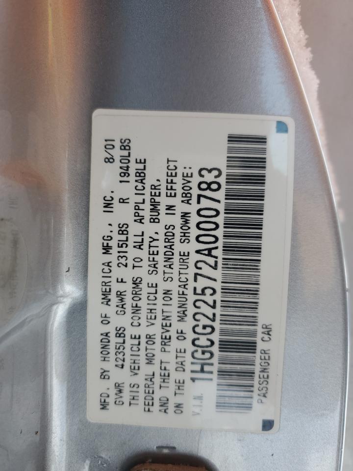 2002 Honda Accord VIN 1HGCG22572A000783 Copart auction photo, front end damage thumbnail 12
