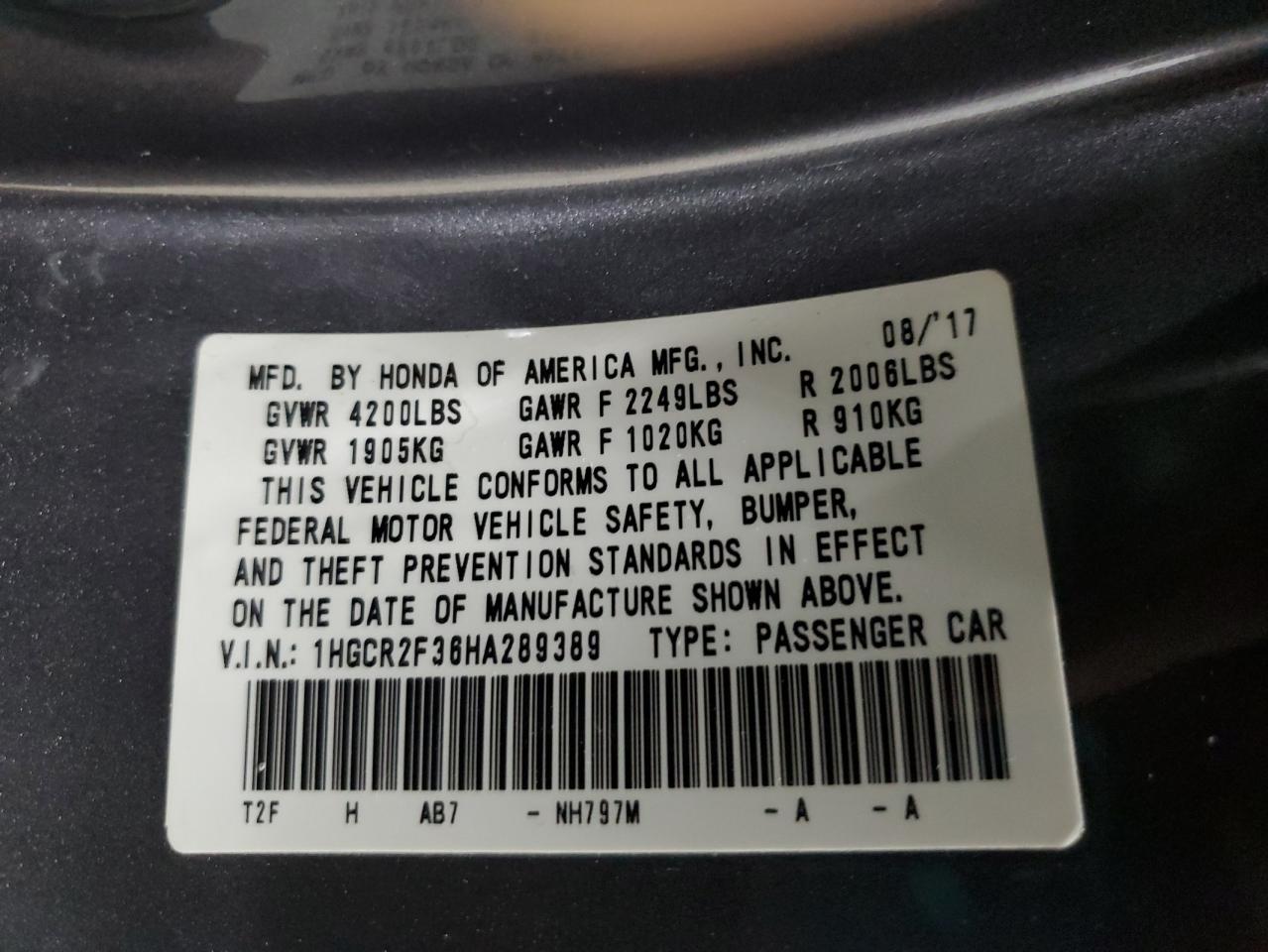 2017 Honda Accord VIN 1HGCR2F36HA289389 Copart auction photo, front end / undercarriage damage thumbnail 13