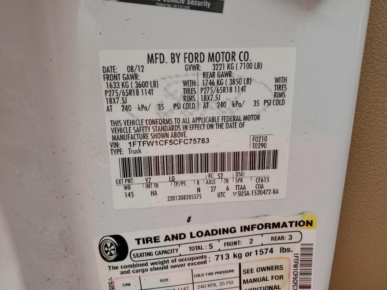 2012 Ford F-150 VIN 1FTFW1CF5CFC75783 Copart auction photo, minor dent/scratches damage thumbnail 14