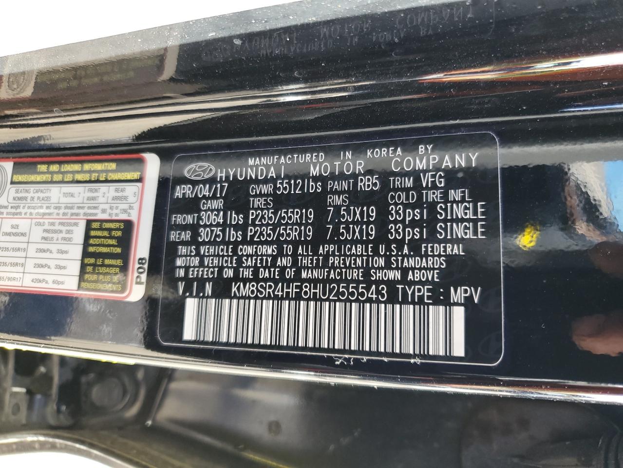 2017 Hyundai Santa Fe VIN KM8SR4HF8HU255543 Copart auction photo, minor dent/scratches damage thumbnail 13