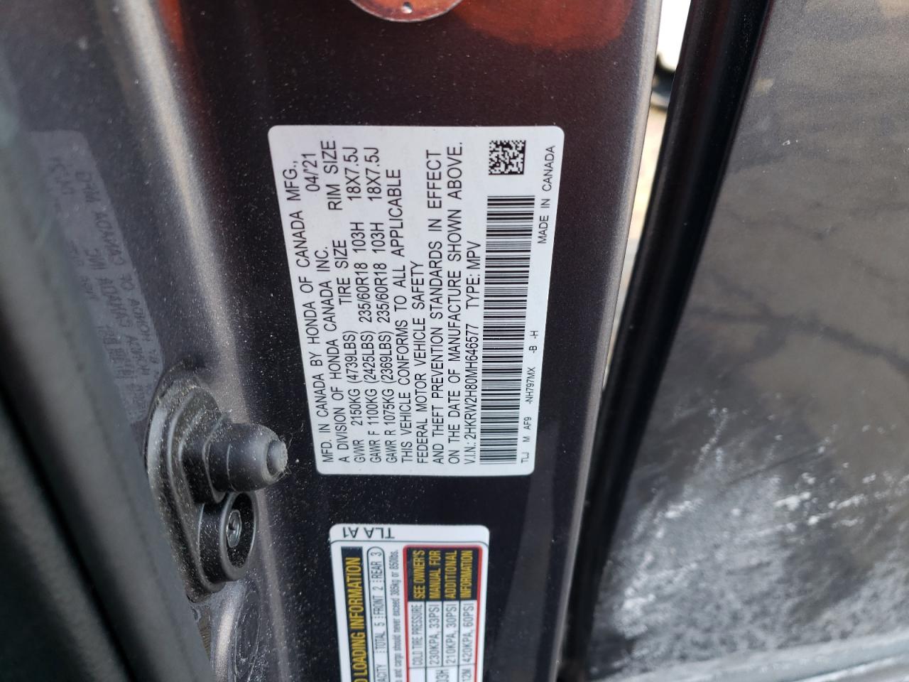 2021 Honda CR-V VIN 2HKRW2H80MH646577 Copart auction photo, front end damage thumbnail 15