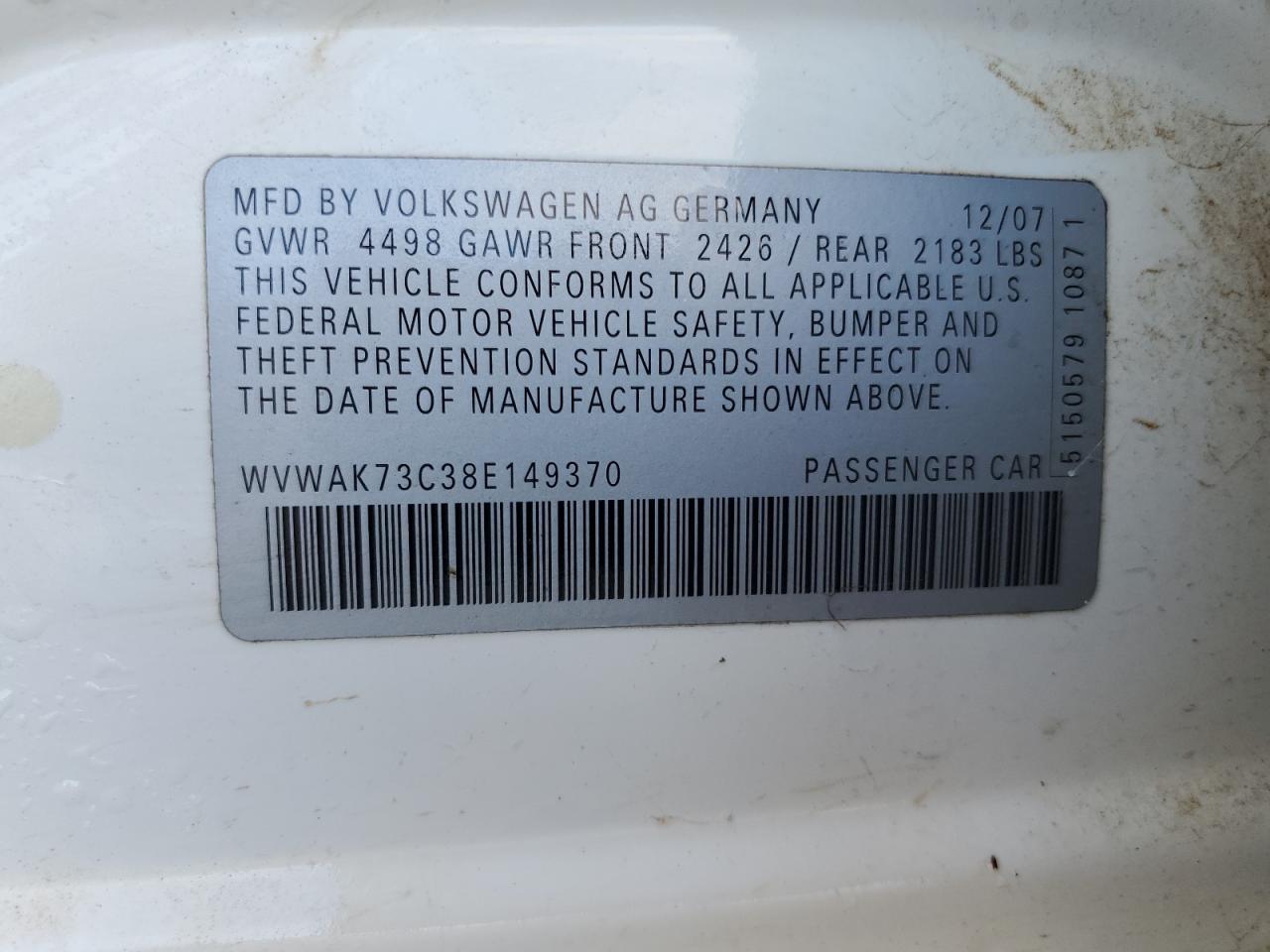 2008 Volkswagen Passat VIN WVWAK73C38E149370 Copart auction photo, front end damage thumbnail 12