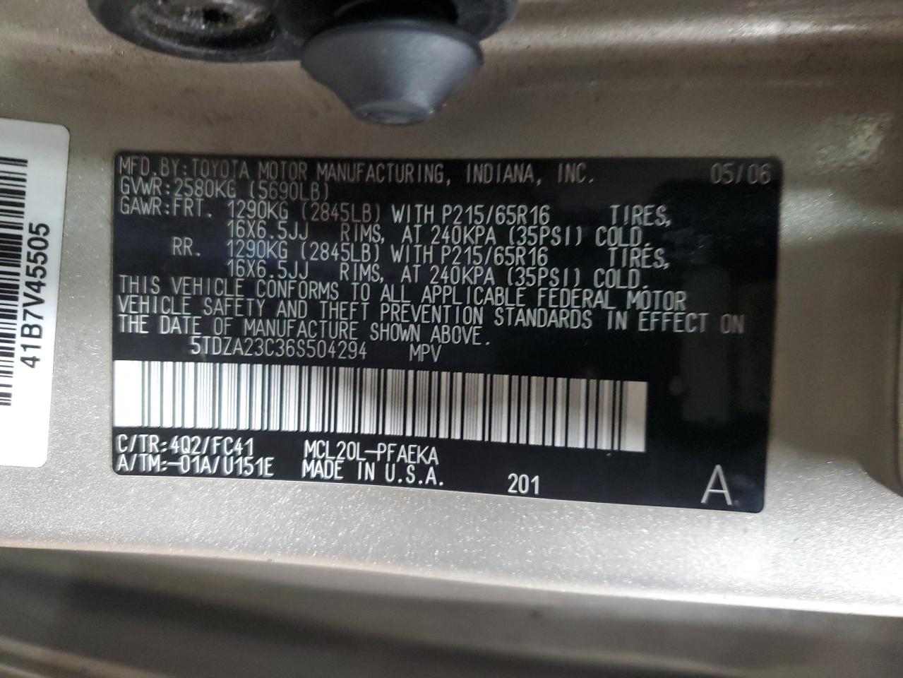 2006 Toyota Sienna VIN 5TDZA23C36S504294 Copart auction photo, front end damage thumbnail 15