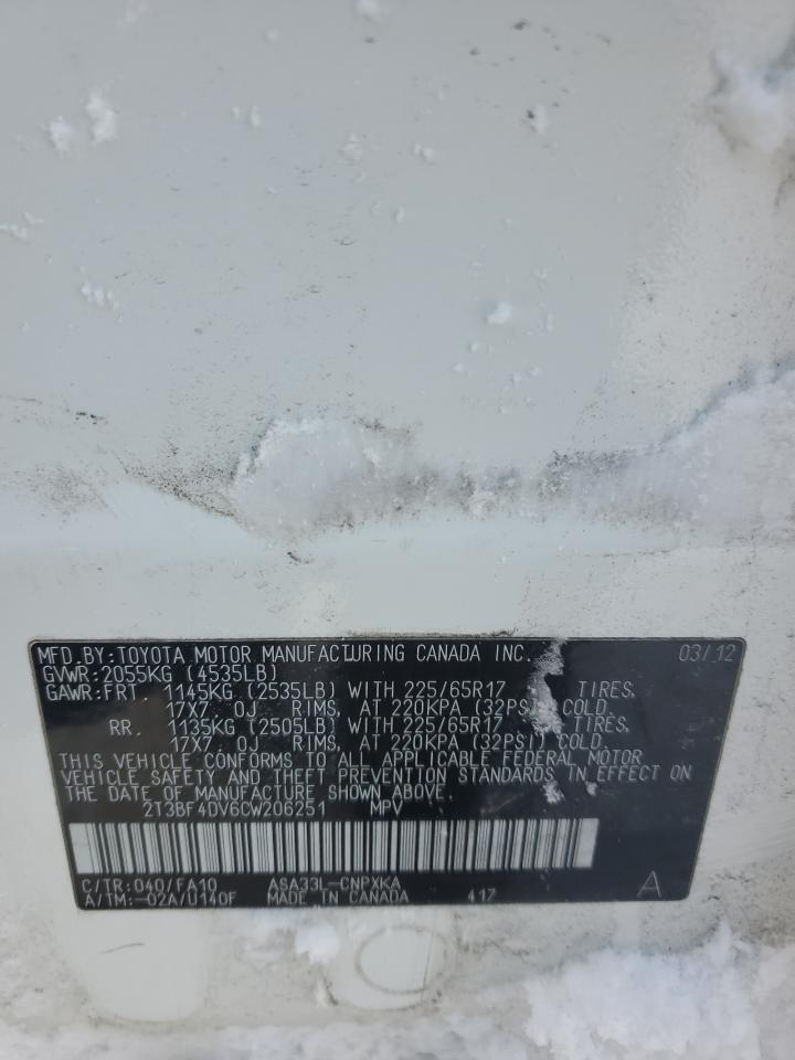 2012 Toyota RAV 4 VIN 2T3BF4DV6CW206251 Copart auction photo, rear end / minor dent/scratches damage thumbnail 13