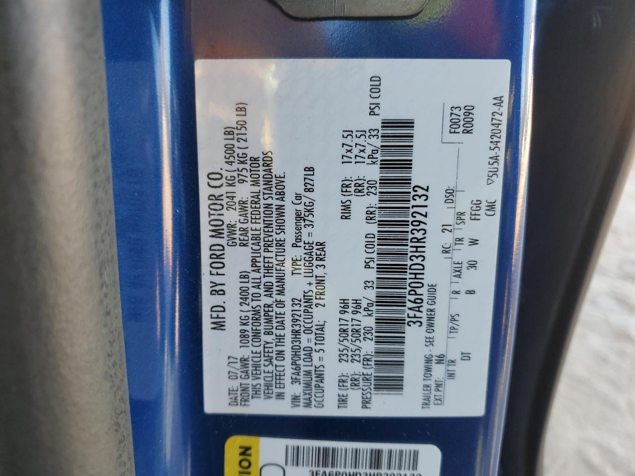 2017 Ford Fusion VIN 3FA6P0HD3HR392132 Copart auction photo, rear end / side damage thumbnail 14