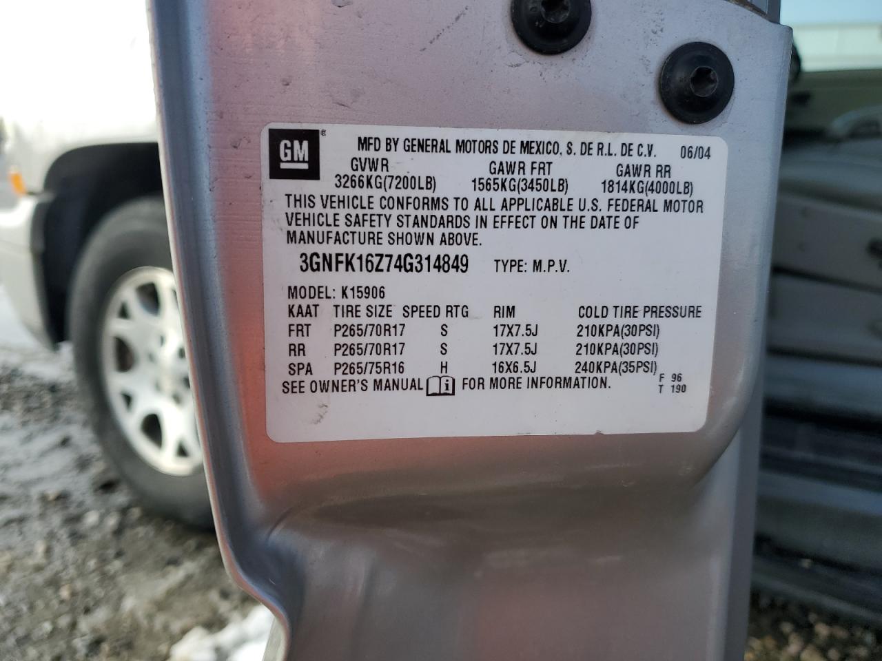 2004 Chevrolet Suburban VIN 3GNFK16Z74G314849 Copart auction photo, all over damage thumbnail 16