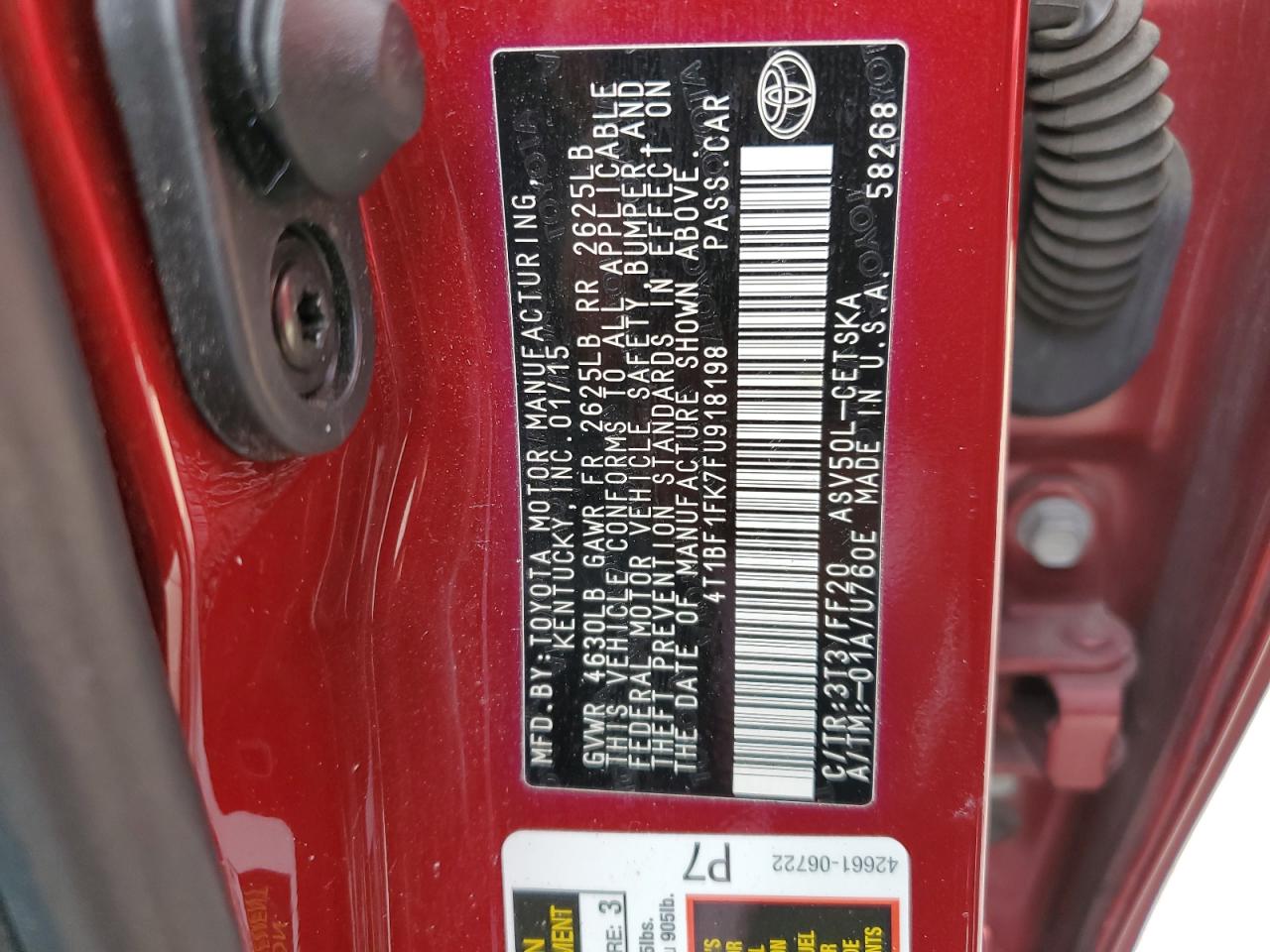 2015 Toyota Camry VIN 4T1BF1FK7FU918198 Copart auction photo, front end / side damage thumbnail 12