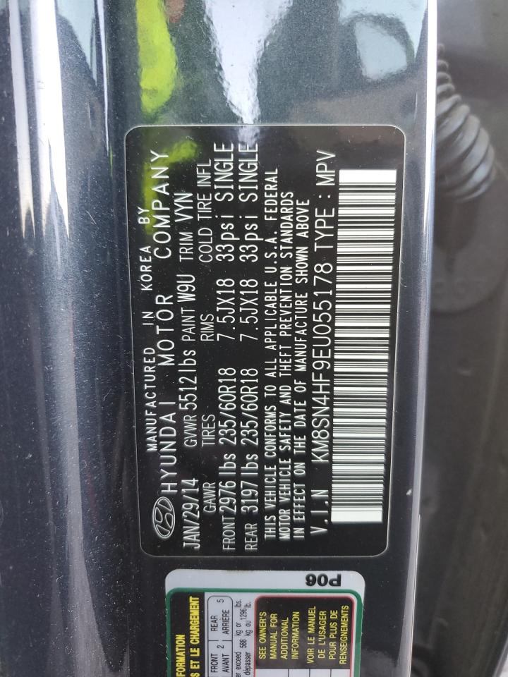2014 Hyundai Santa Fe VIN KM8SN4HF9EU055178 Copart auction photo, front end damage thumbnail 13