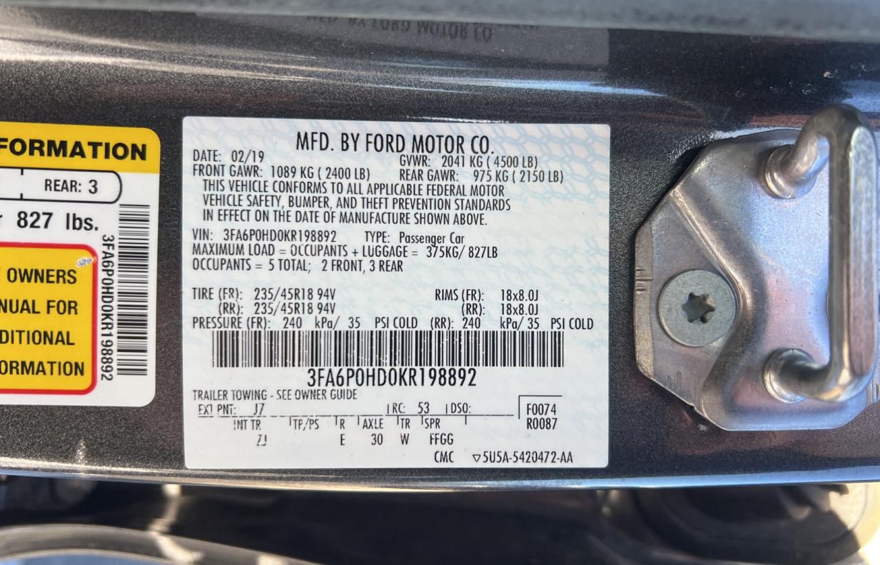 2019 Ford Fusion VIN 3FA6P0HD0KR198892 Copart auction photo, normal wear / minor dent/scratches damage thumbnail 10
