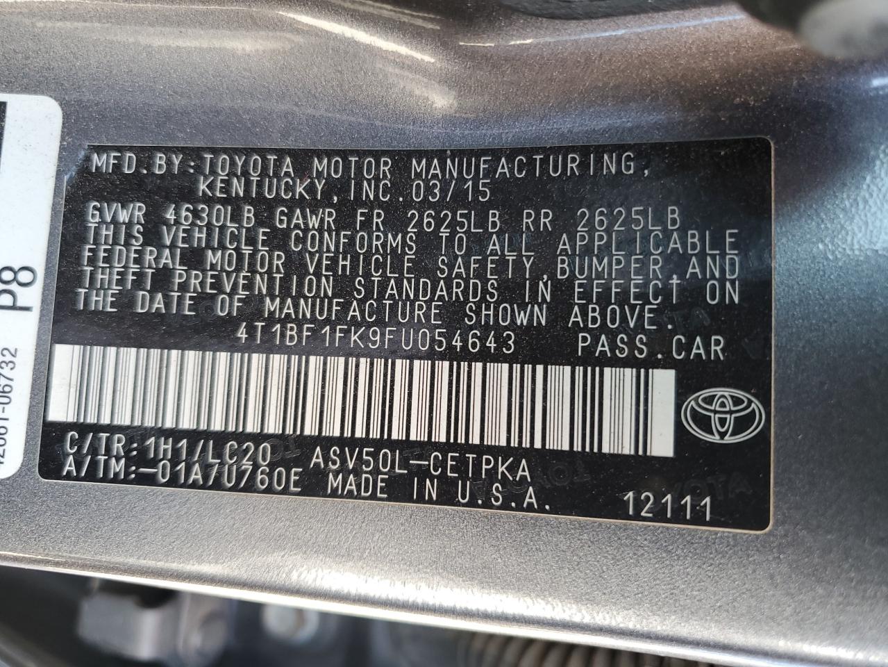 2015 Toyota Camry VIN 4T1BF1FK9FU054643 Copart auction photo, front end / rear end damage thumbnail 12