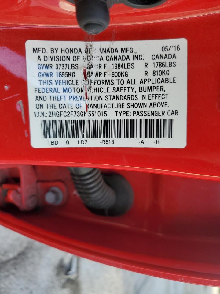 2016 Honda Civic VIN 2HGFC2F73GH551015 Copart auction photo, front end damage thumbnail 14