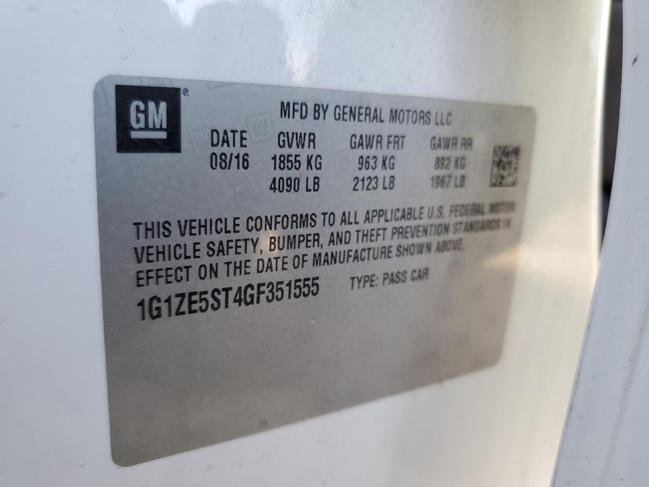 2016 Chevrolet Malibu VIN 1G1ZE5ST4GF351555 Copart auction photo, minor dent/scratches damage thumbnail 14