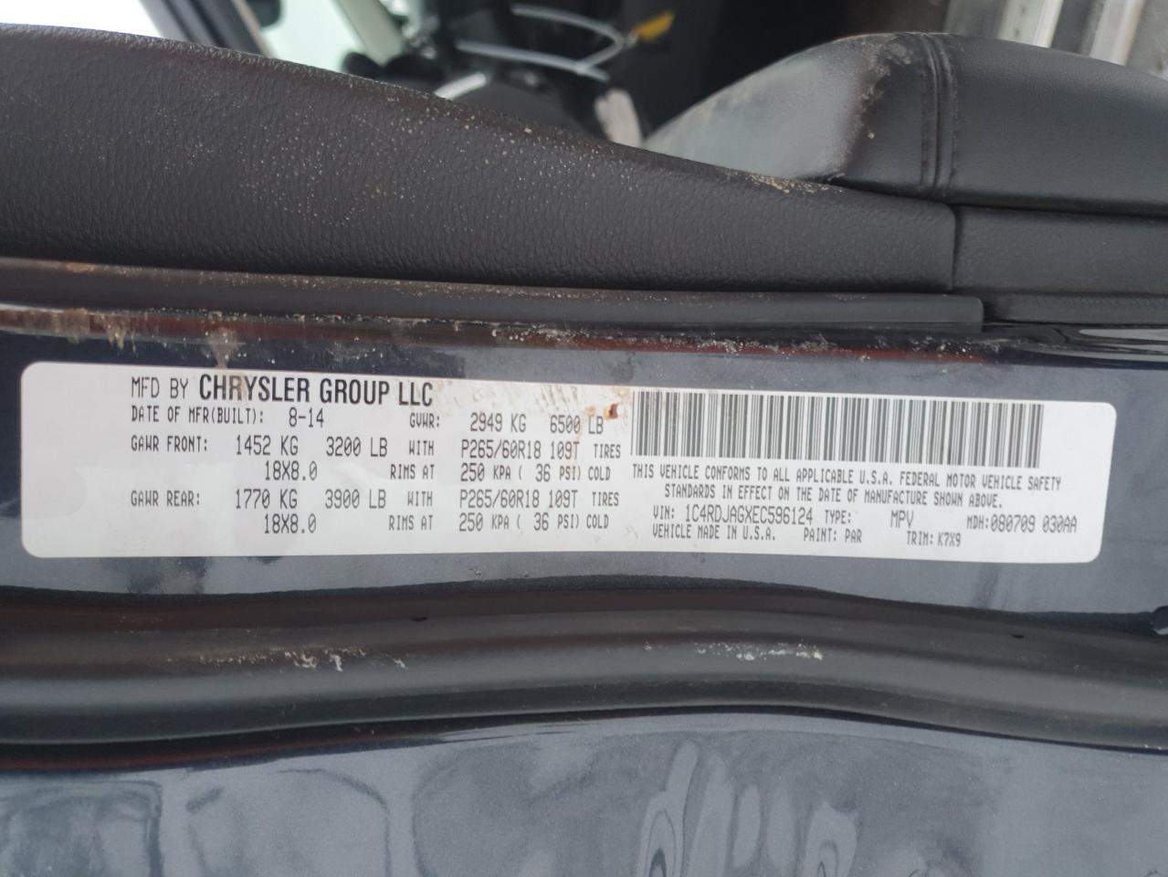 2014 Dodge Durango VIN 1C4RDJAGXEC596124 Copart auction photo, front end damage thumbnail 13