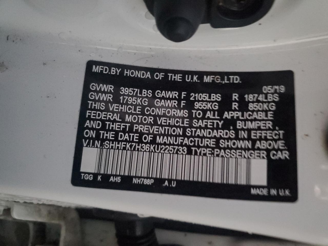 2019 Honda Civic VIN SHHFK7H36KU225733 Copart auction photo, all over damage thumbnail 13